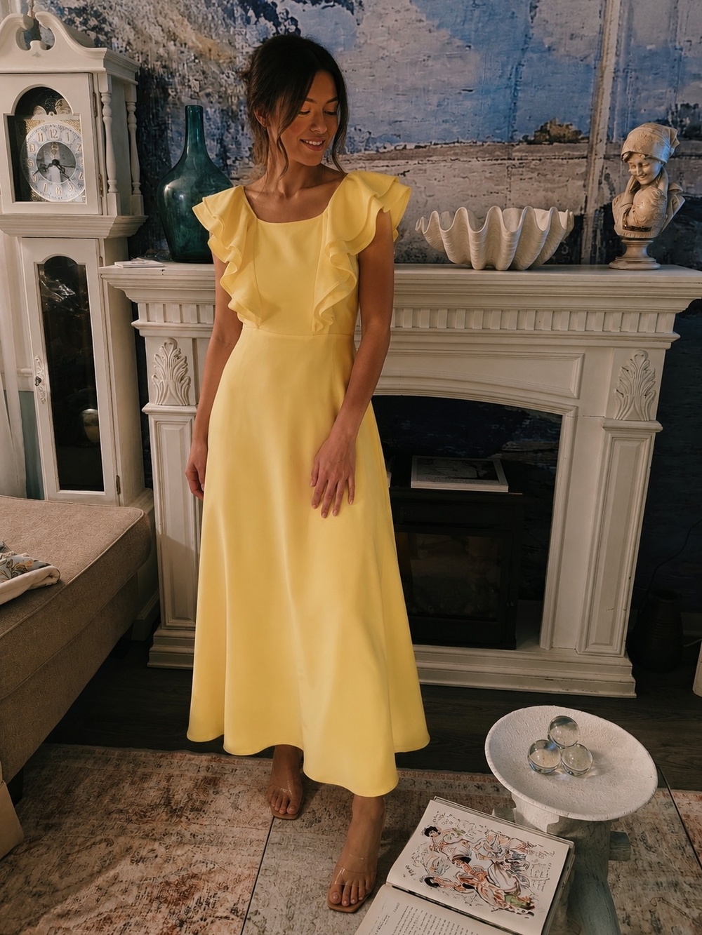 Yellow Ruffle-Trim Midi Dress